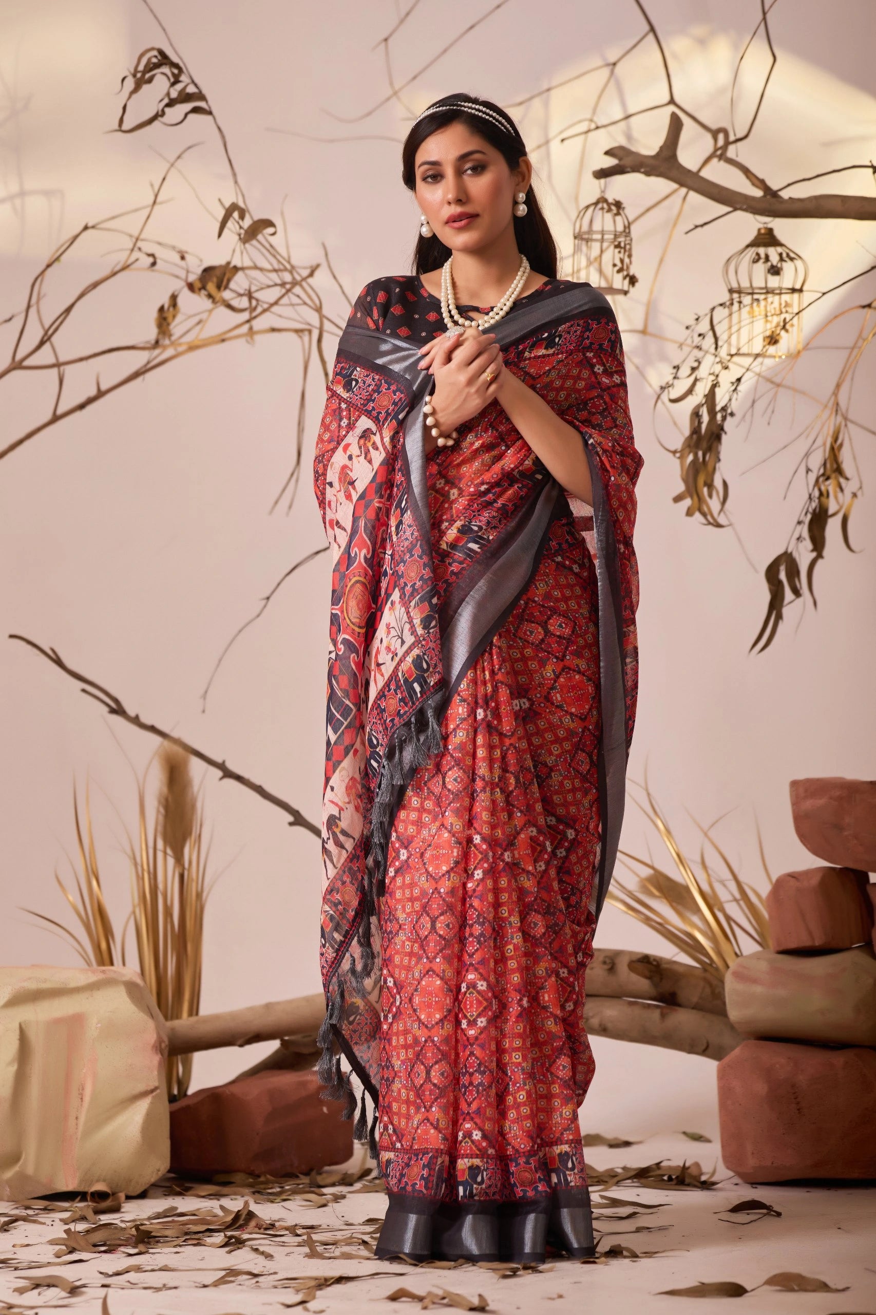 Deep Red Digital Floral Royal Ethnic Print Linen Cotton Saree